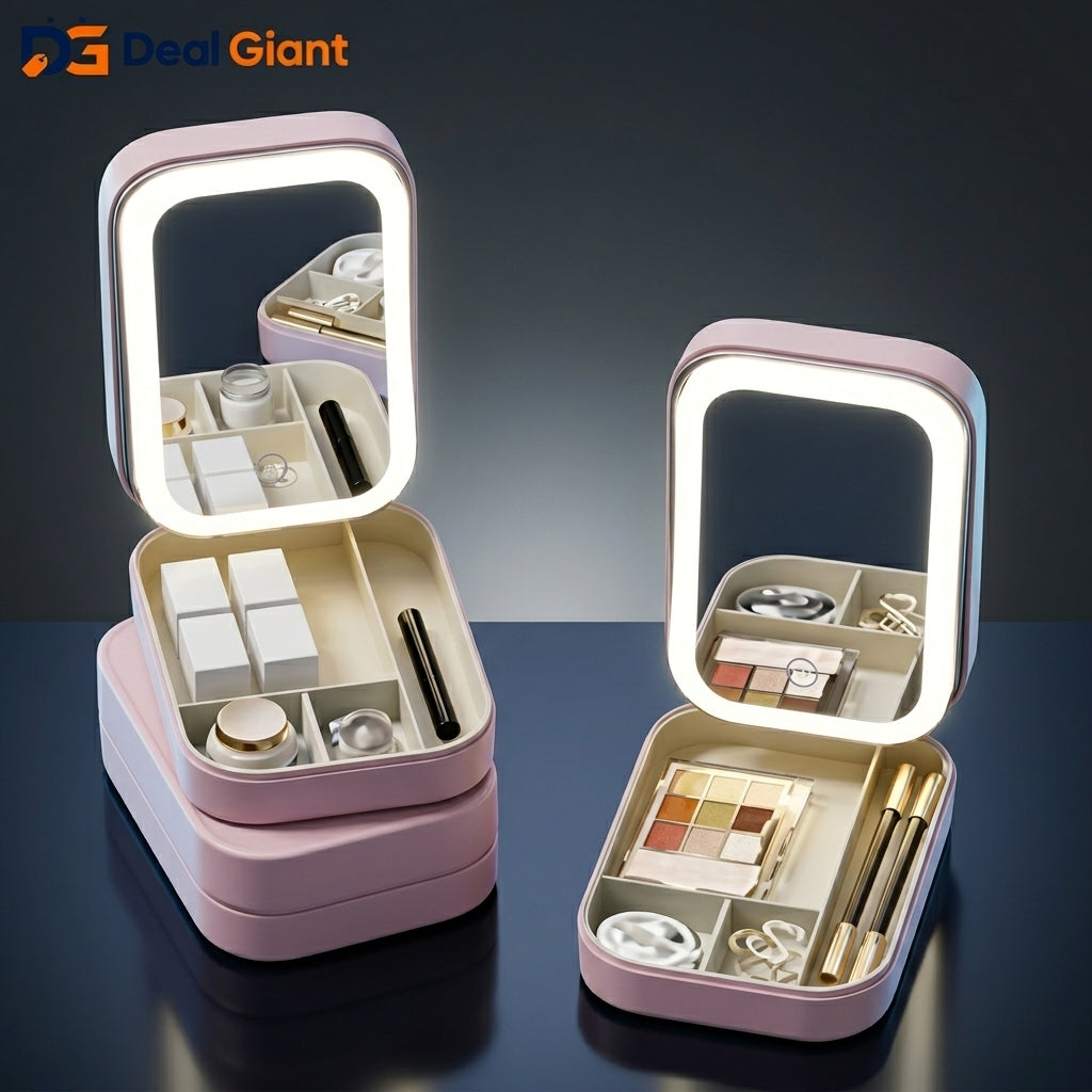 Makeup Box with LED Light Mirror Organizer | Portable Cosmetic Storage Case with Adjustable Brightness LED Vanity Mirror | Travel Makeup Storage Box β Deal Giant