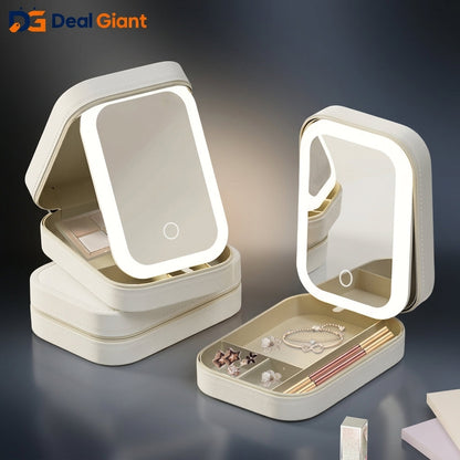 Makeup Box with LED Light Mirror Organizer | Portable Cosmetic Storage Case with Adjustable Brightness LED Vanity Mirror | Travel Makeup Storage Box – Deal Giant